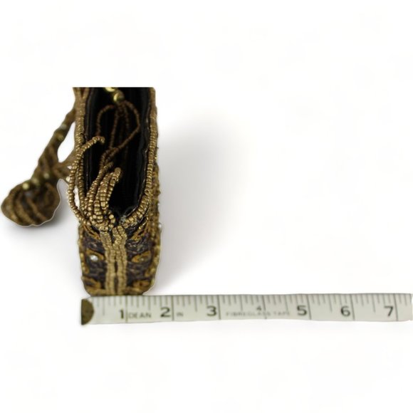 Vintage-Inspired Beaded Clutch Shoulder Bag Black Gold Zipper Closure PU82 - Picture 9 of 11